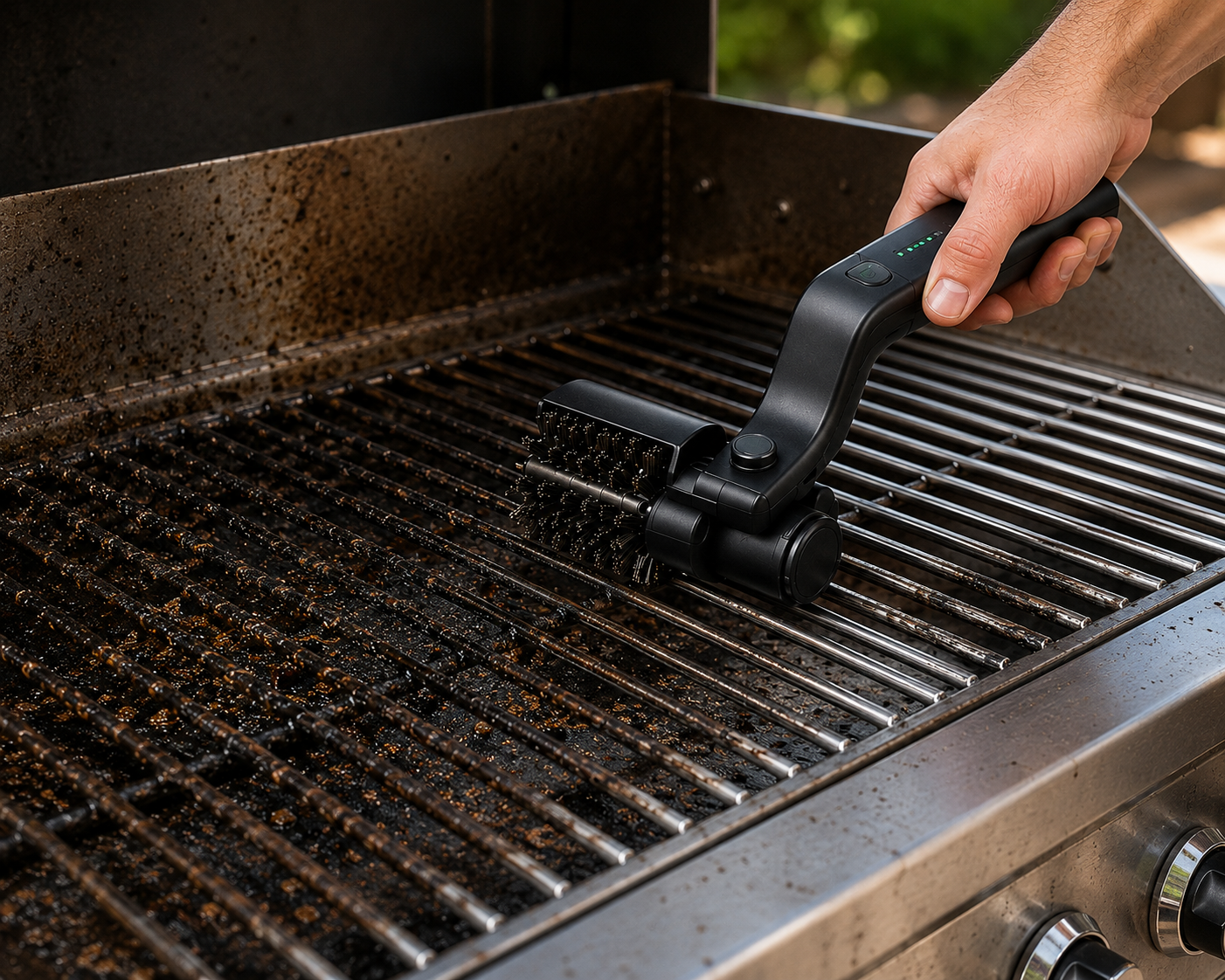 Dirty braai grid caked with burnt carbon before cleaning