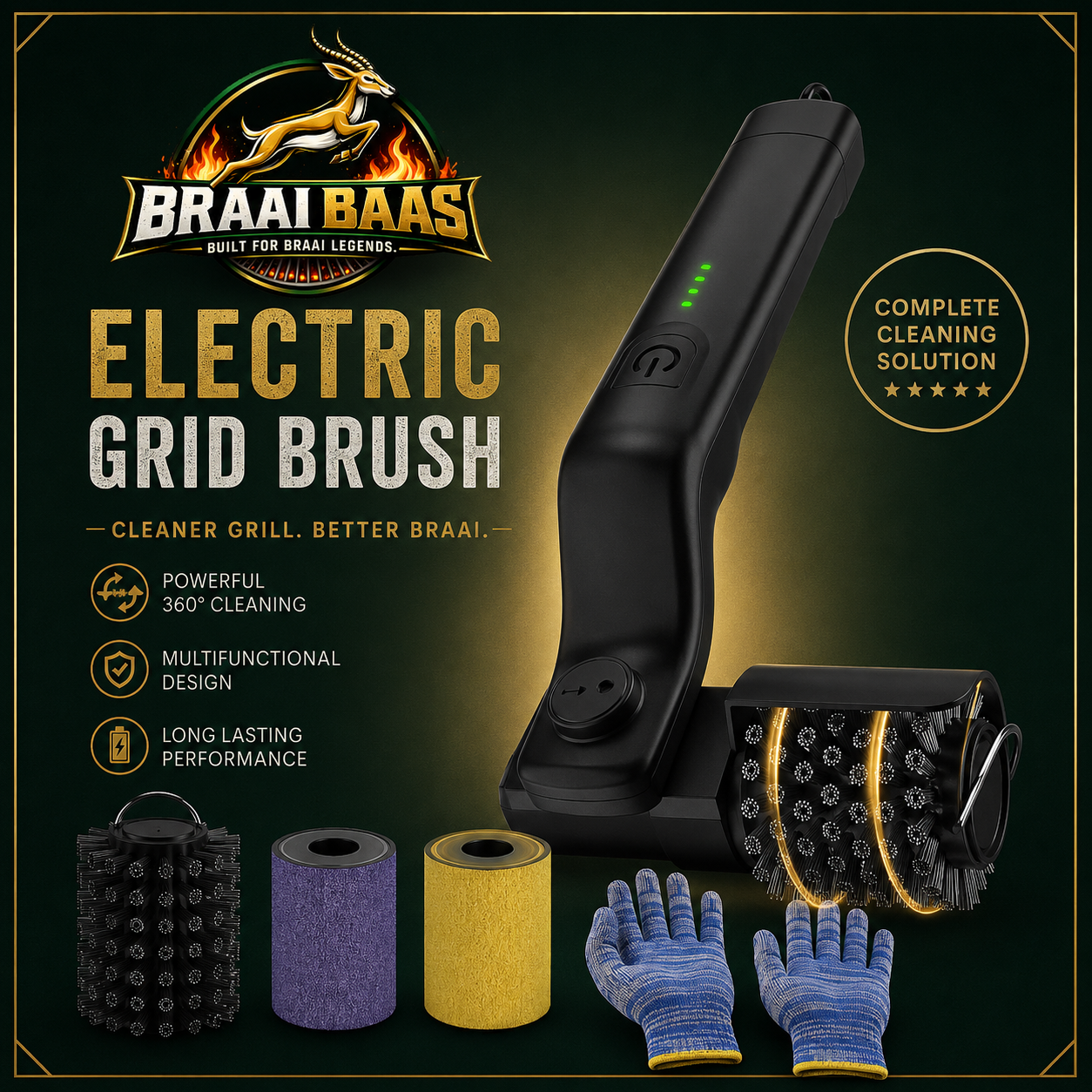Braai Baas Electric Grid Brush kit with brush heads, pads and heat-resistant gloves