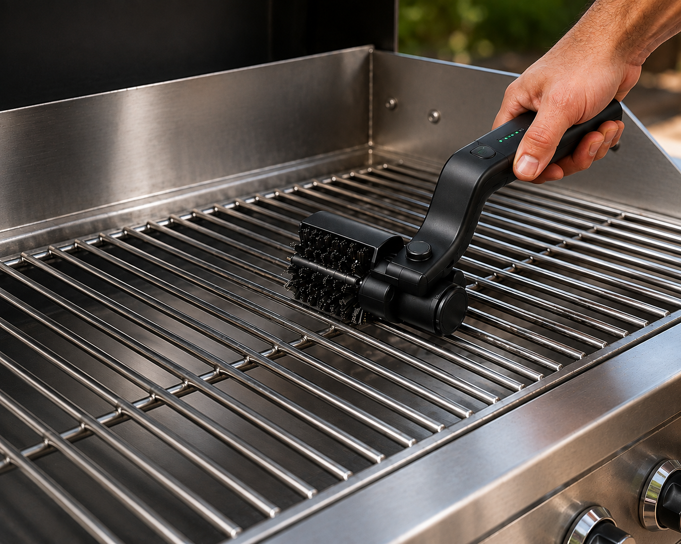 Braai grid cleaned with the BraaiBaas electric braai brush gliding over the bars