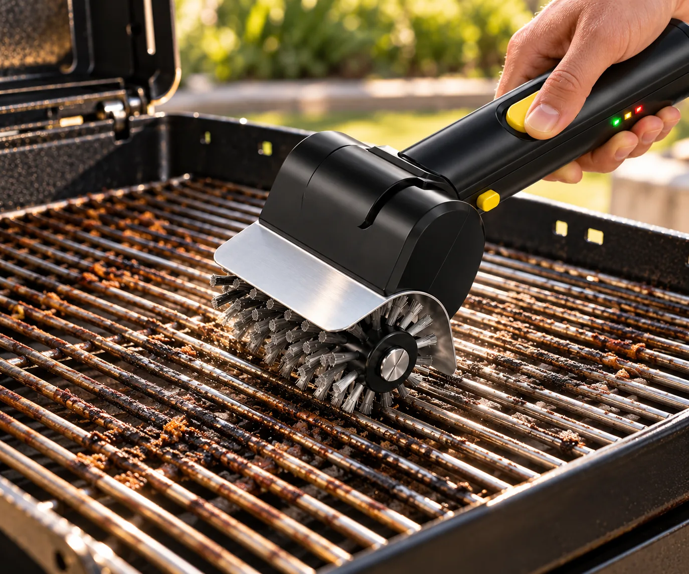 Braai Baas Electric Grid Brush Version 2.0 scrubbing burnt-on residue off a dirty braai grid
