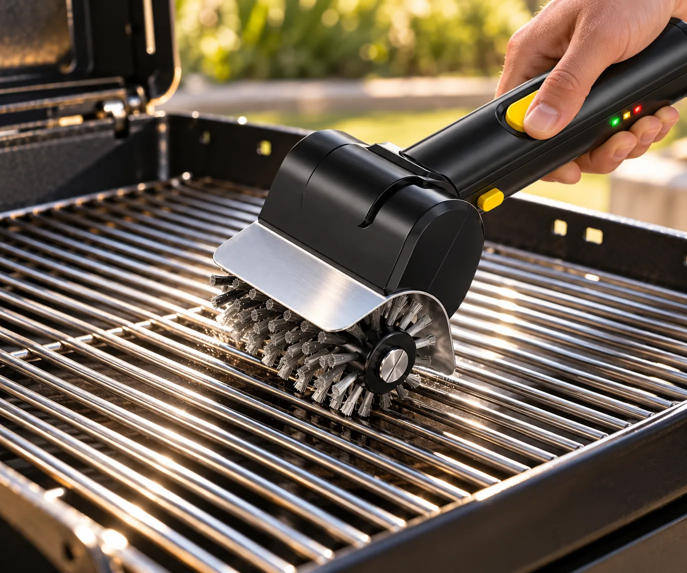 Braai Baas Electric Grid Brush Version 2.0 cleaning a shiny, grease-free braai grid