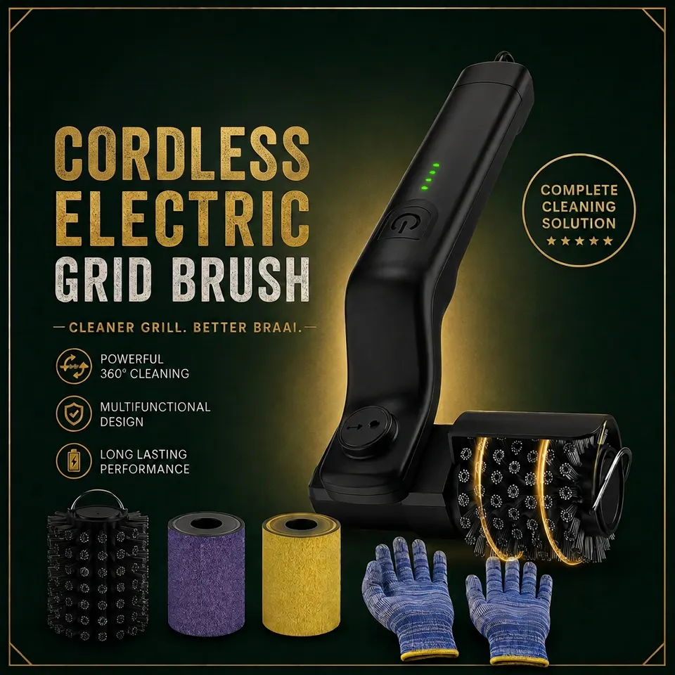 Braai Baas Electric Grid Brush — complete cleaning kit with brush, turbo heads, scrub pads and heat-resistant gloves